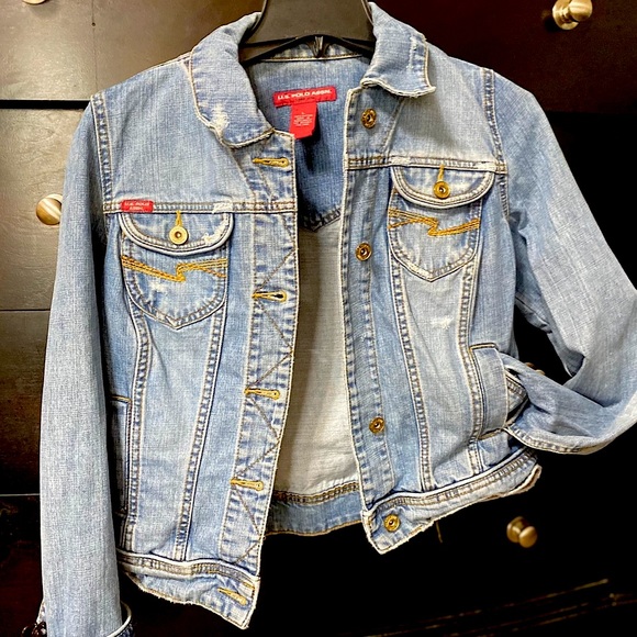 EUC distressed jean jacket Sz LG - Picture 1 of 6